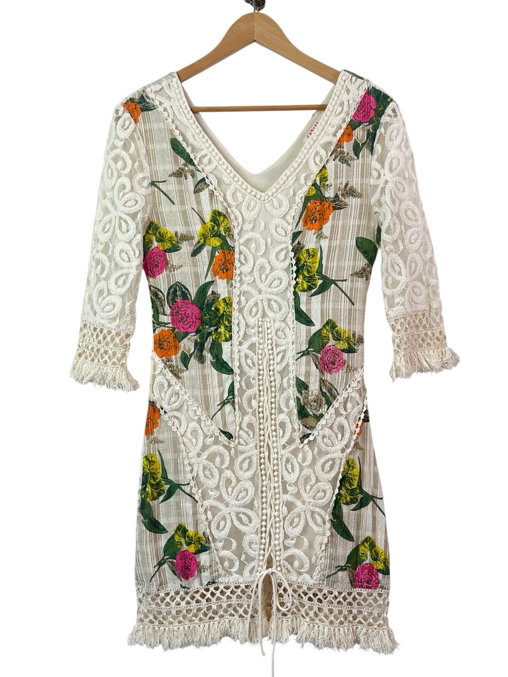 Willa Crochet Lace Floral Embroidered Fringe  Boho Cotton Blend Mini Dress Sz M
